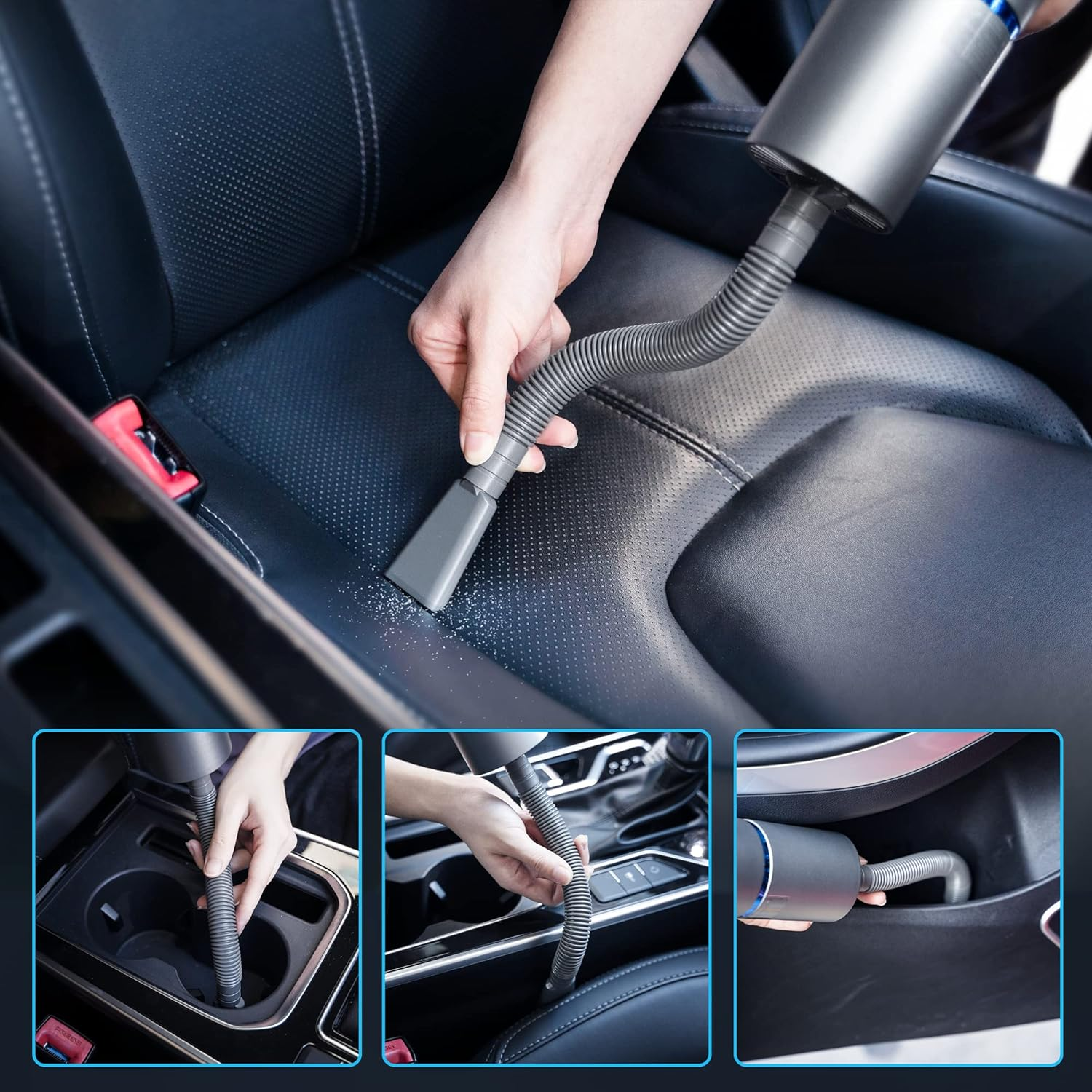 Bilder zeigen die Reinigung eines Autoinnenraums mit einem Handstaubsauger, mit Fokus auf Ritzen und Getränkehaltern.