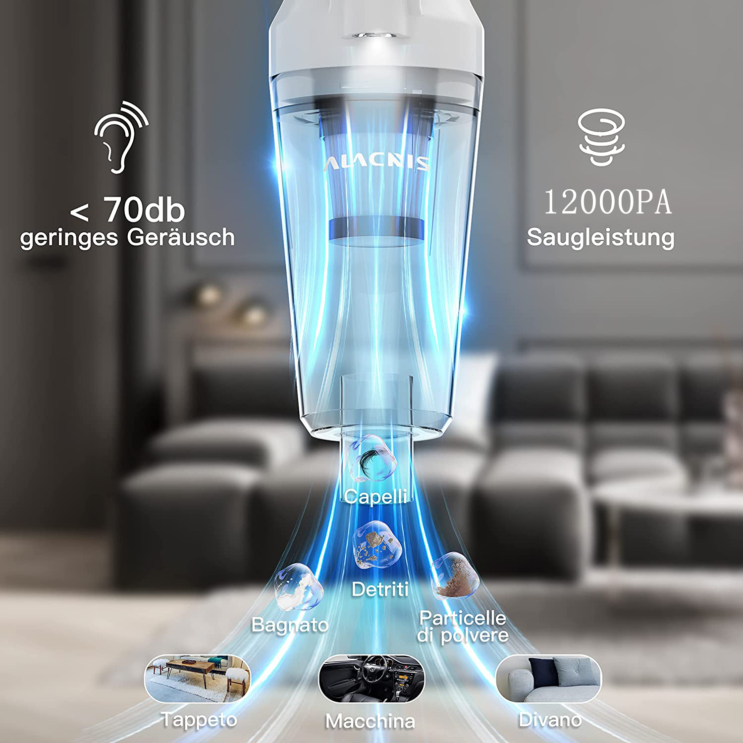 JEDBESETZT 12000PA Saugkraft Kabellos LED Handstaubsauger, Netz-/Batteriebetrieb
