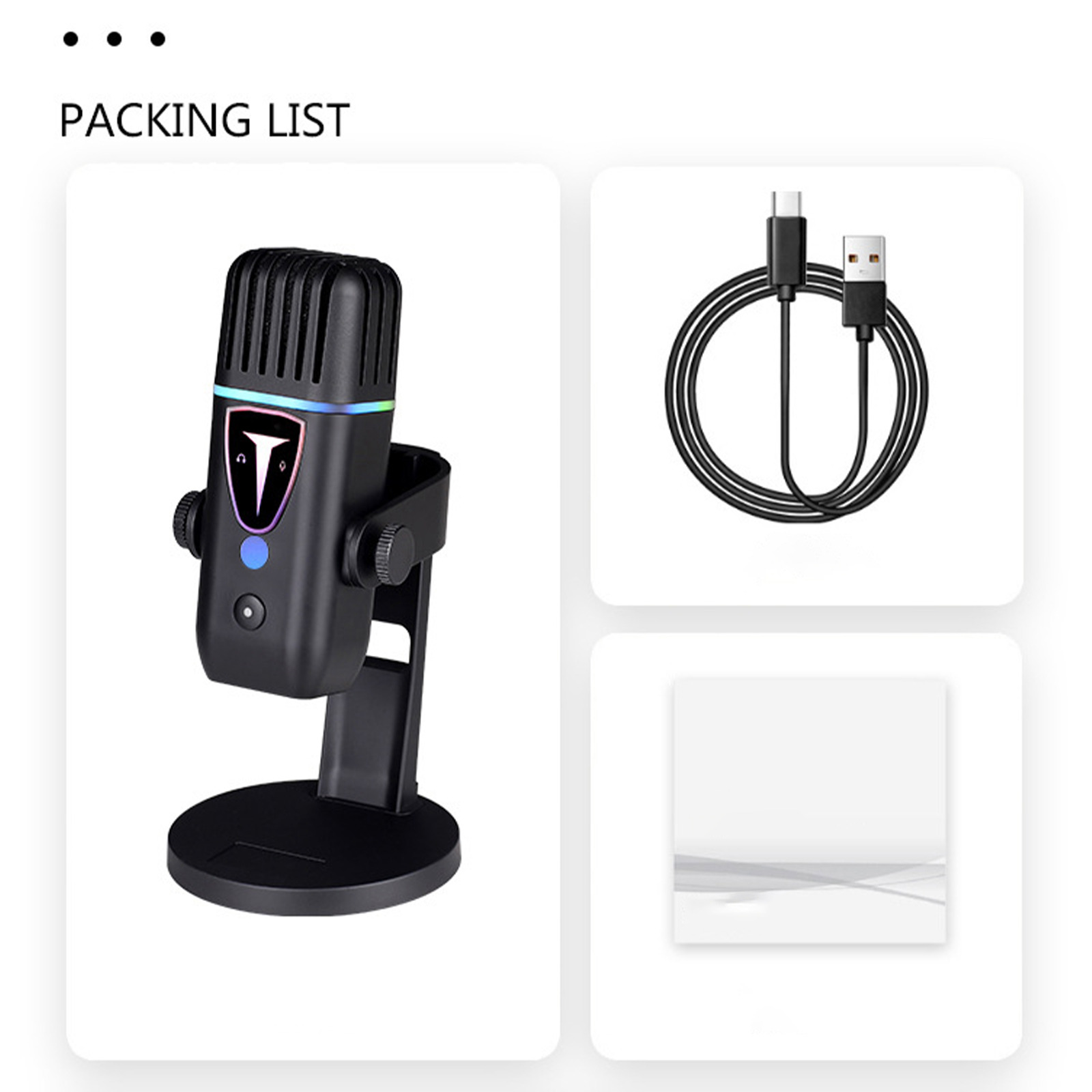 Packliste: Ein schwarzes Mikrofon auf einem Ständer, ein schwarzes USB-Kabel und eine weiße Karte.
