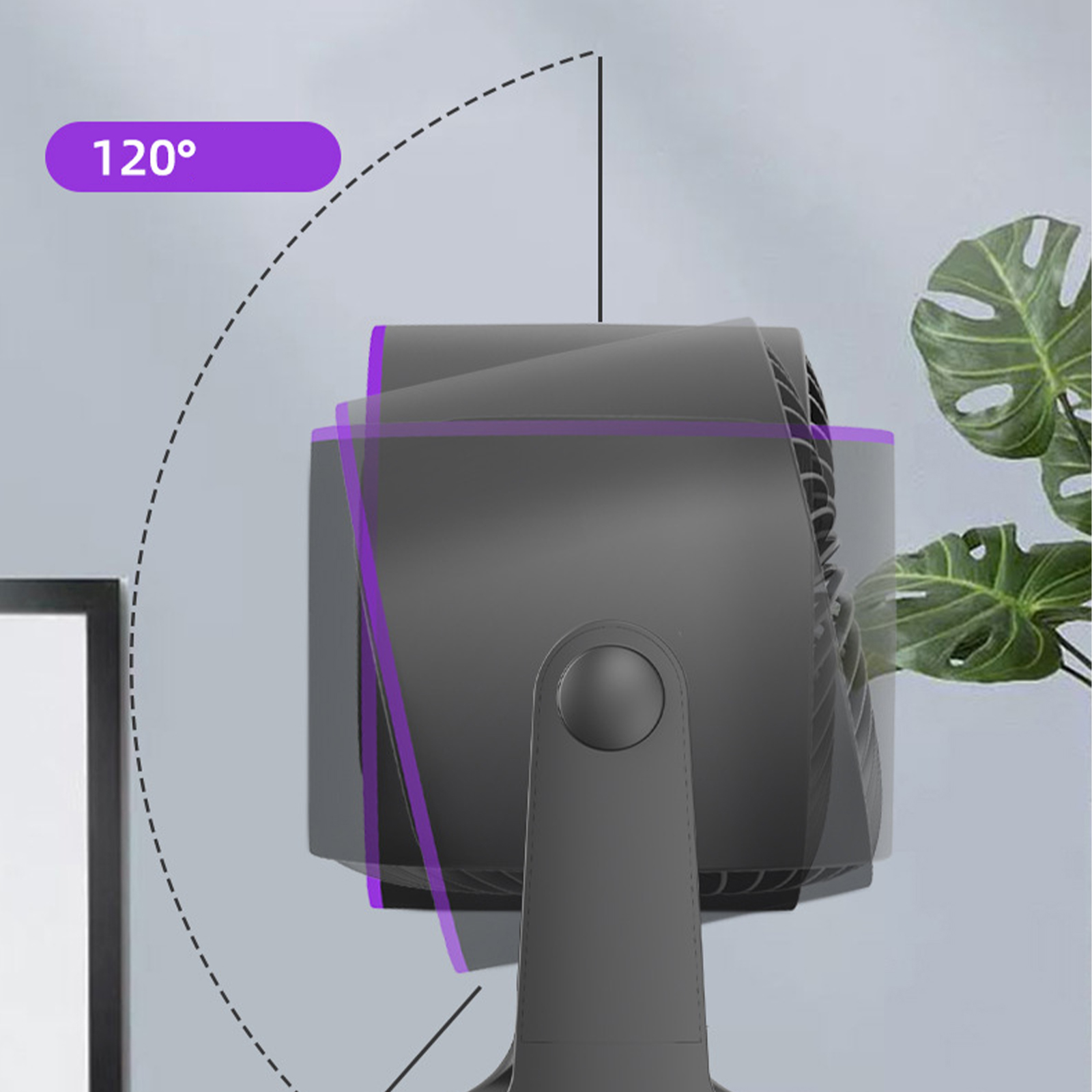 Ein grauer Ventilator mit violett hervorgehobenen Bewegungslinien, vor einem verschwommenen Hintergrund mit einer Pflanze.