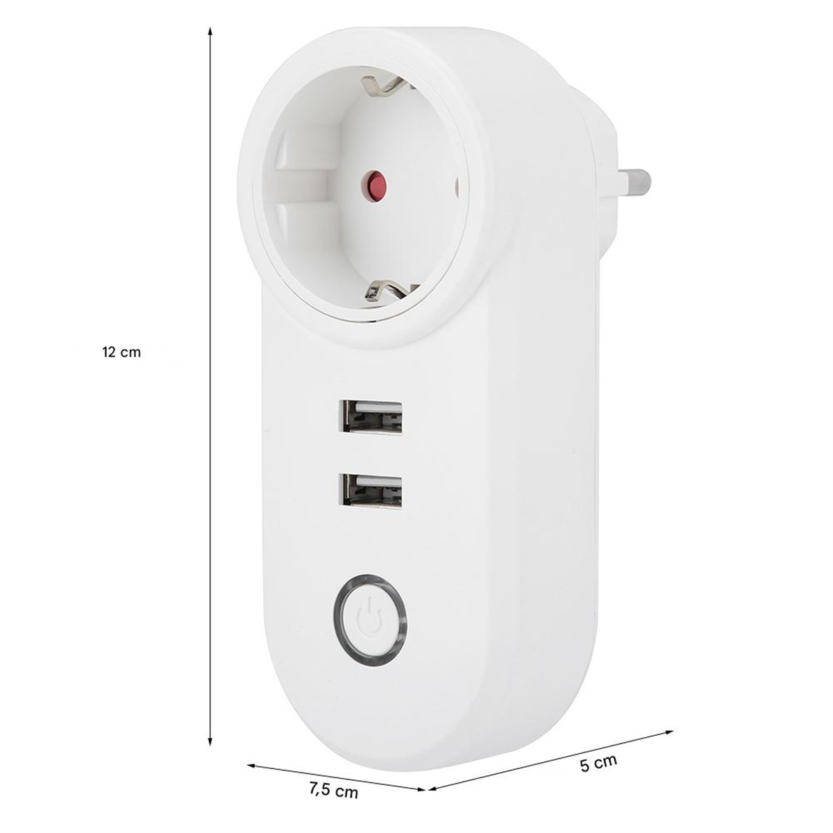 Ein weißer Smart-Stecker mit zwei USB-Anschlüssen und einem Ein- / Ausschalter.