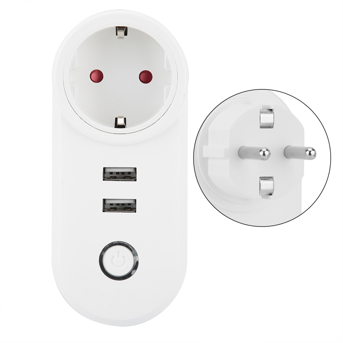Weißer Smart Plug mit USB-Anschlüssen. Ein Stecker mit drei Stiften rechts.