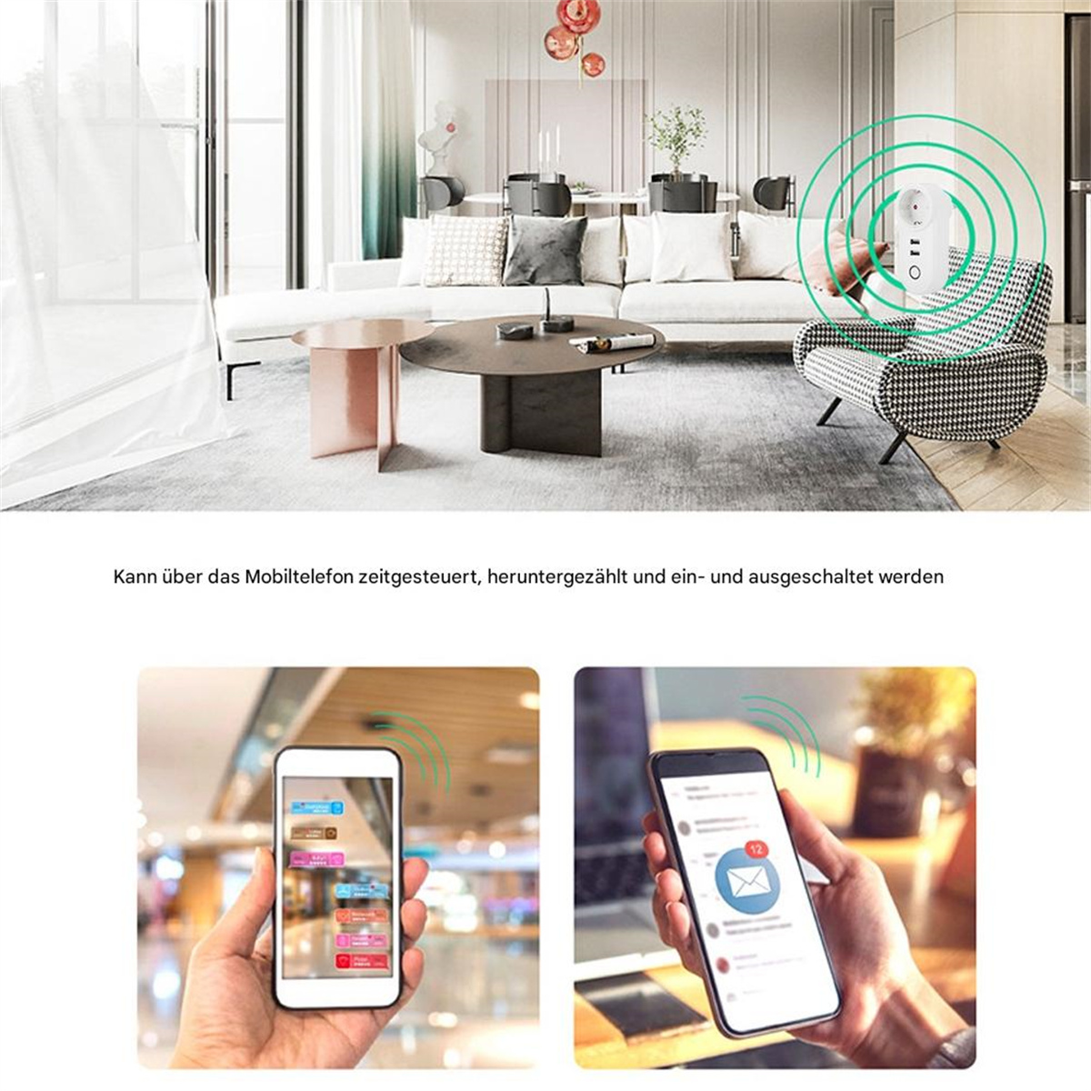 Wohnzimmerszene mit Smart-Gerät. Zwei Telefone zeigen App-Nutzung. Text zeigt Fernbedienung per Telefon an.