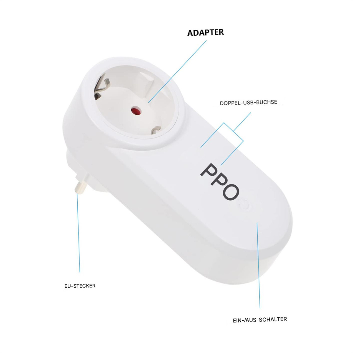 Ein weißer Netzadapter mit doppeltem USB-Anschluss und EU-Stecker.
