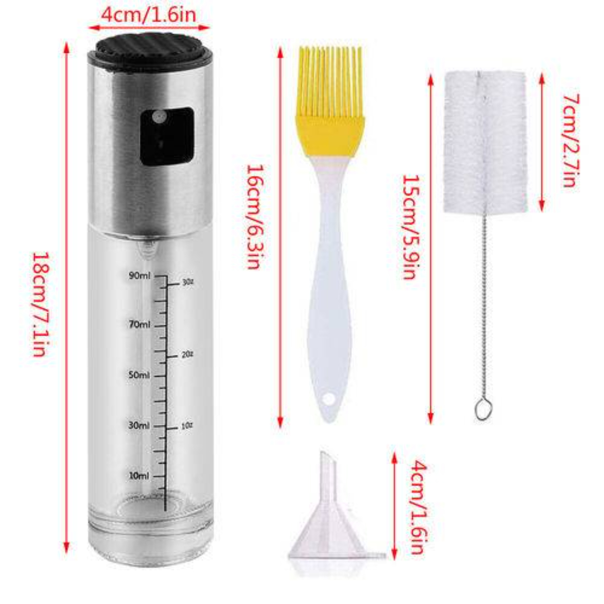 Ölspender mit Pinsel und Trichter. Maße: 18 cm/7,1 Zoll, 16 cm/6,3 Zoll, 15 cm/5,9 Zoll und 4 cm/1,6 Zoll.
