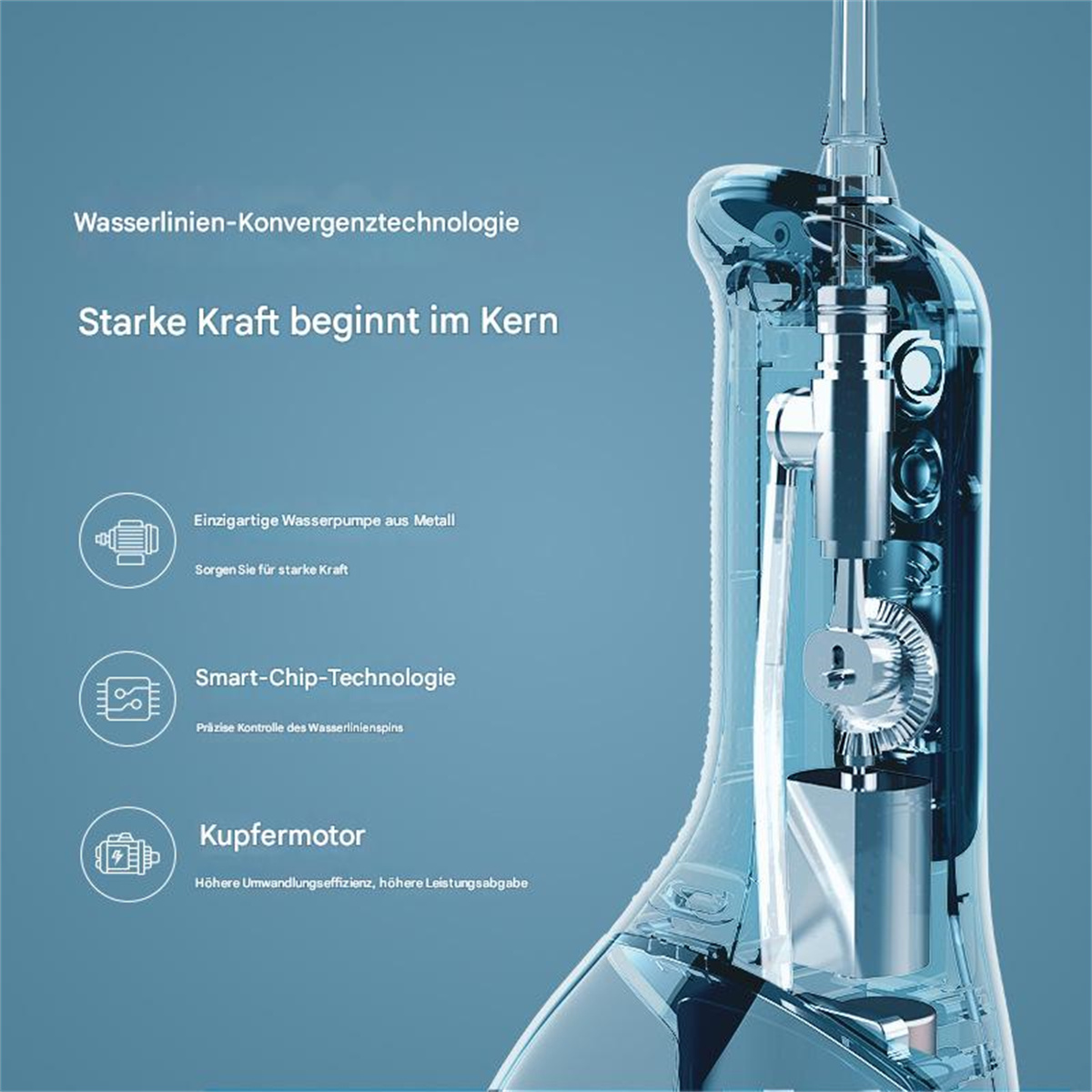 Zahnwasser-Flosser, Schnittansicht. Interne Komponenten sichtbar. Blauer Hintergrund.