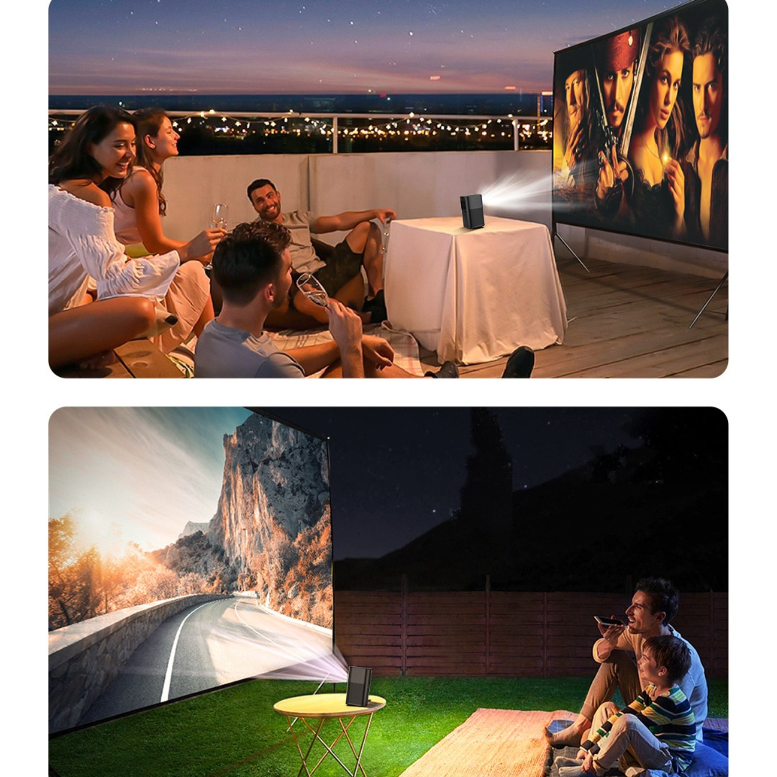 Leute schauen im Freien einen Film auf einer Leinwand, mit einem Projektor und einem Tisch.
