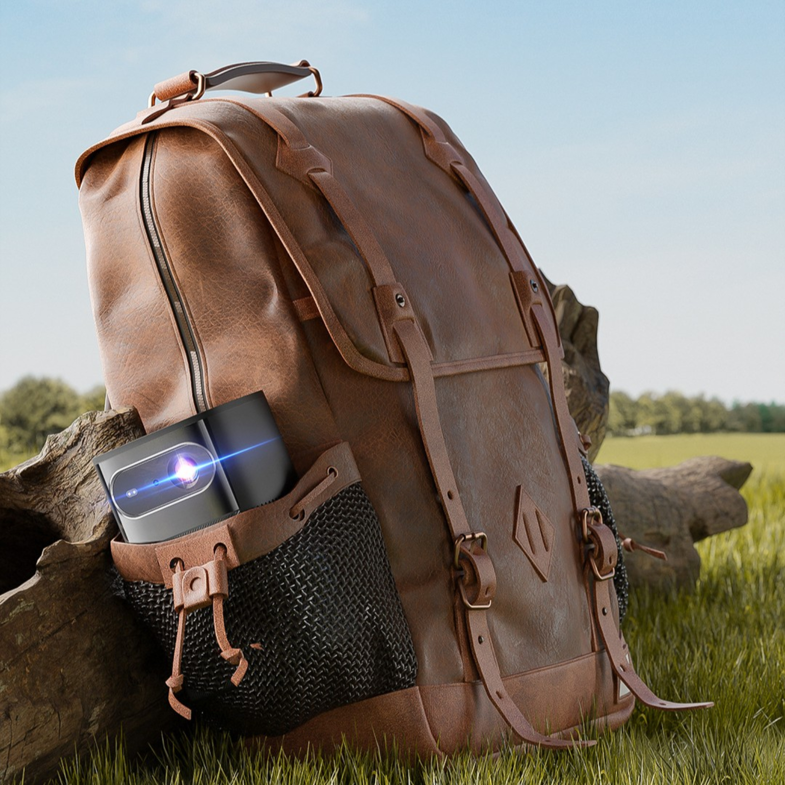 Ein brauner Lederrucksack mit einem kleinen Projektor, der aus der Seitentasche ragt.