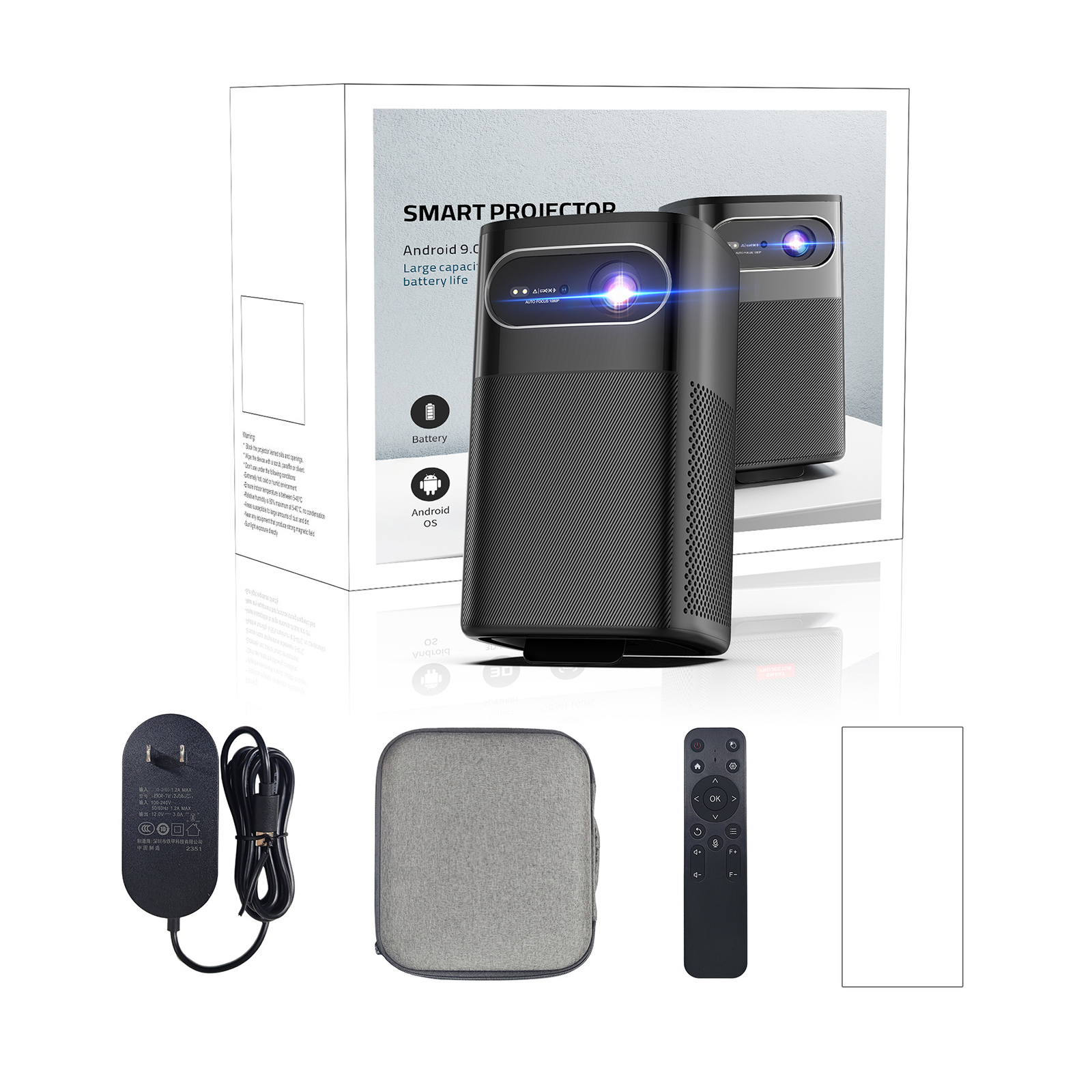 Schwarzer Smart-Projektor mit Box. Enthält Fernbedienung, Netzteil und Tragetasche. Weißer Hintergrund.