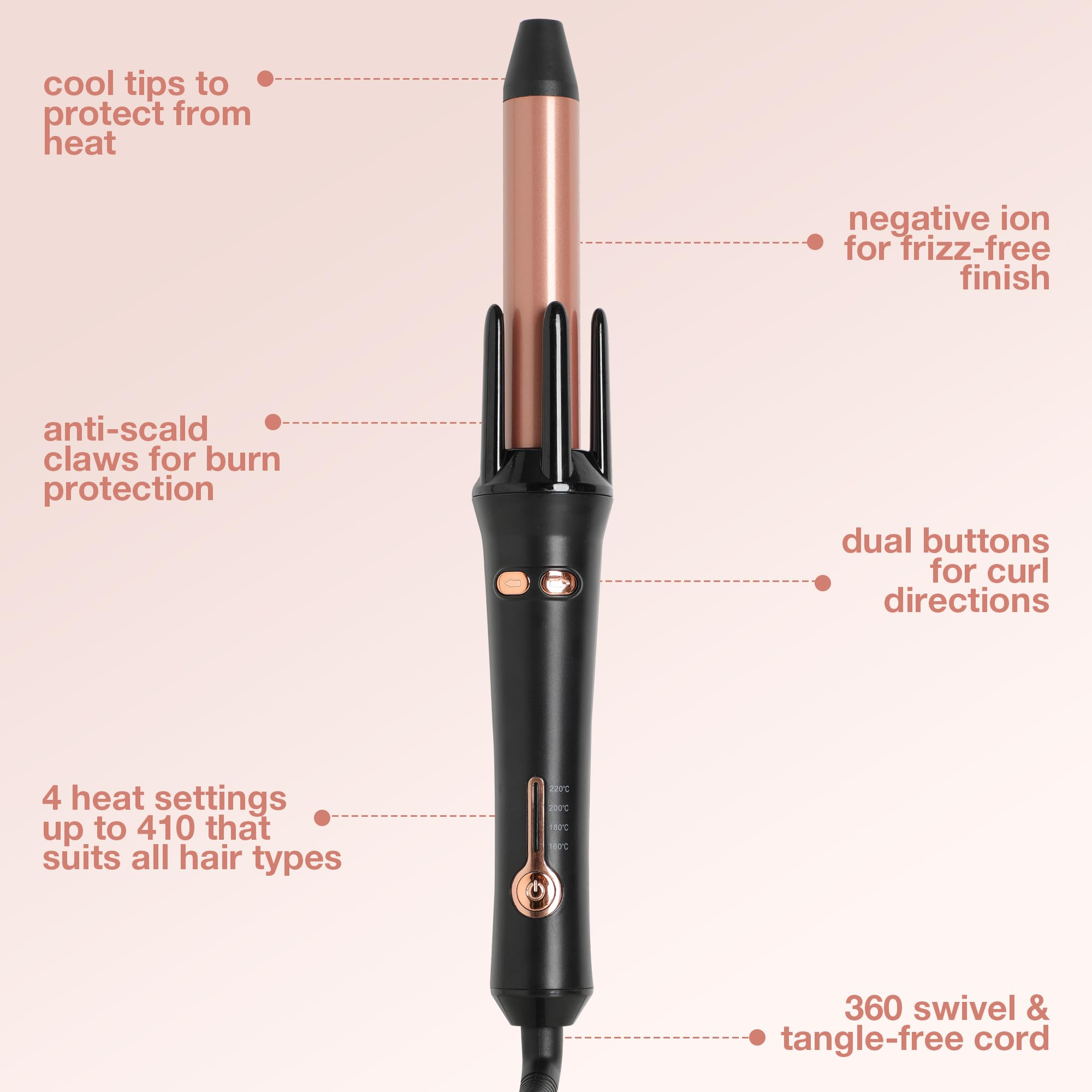Haarstyler mit schwarzem Griff und roségoldfarbenem Lauf. Merkmale sind Hitzestufen, Knöpfe und ein kabelfreies Kabel.