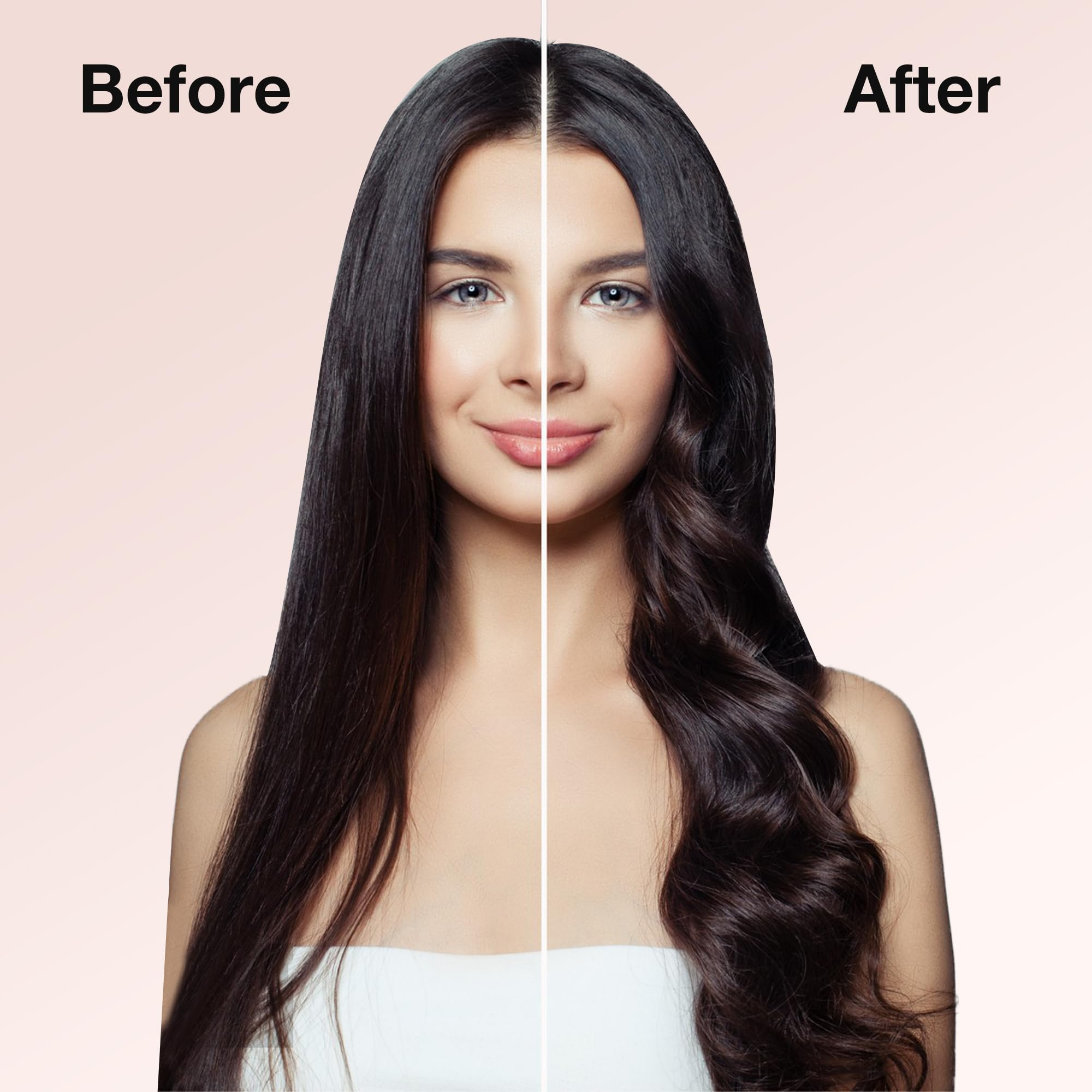 Haartransformation einer Frau: vorher (glatt) und nachher (gewellt). Rosa Hintergrund.