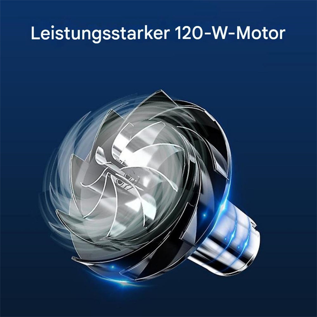 Ein silberner Ventilator mit starkem Motor. Der Ventilator ist in Bewegung. Dunkelblauer Hintergrund mit hellblauem Glanz.