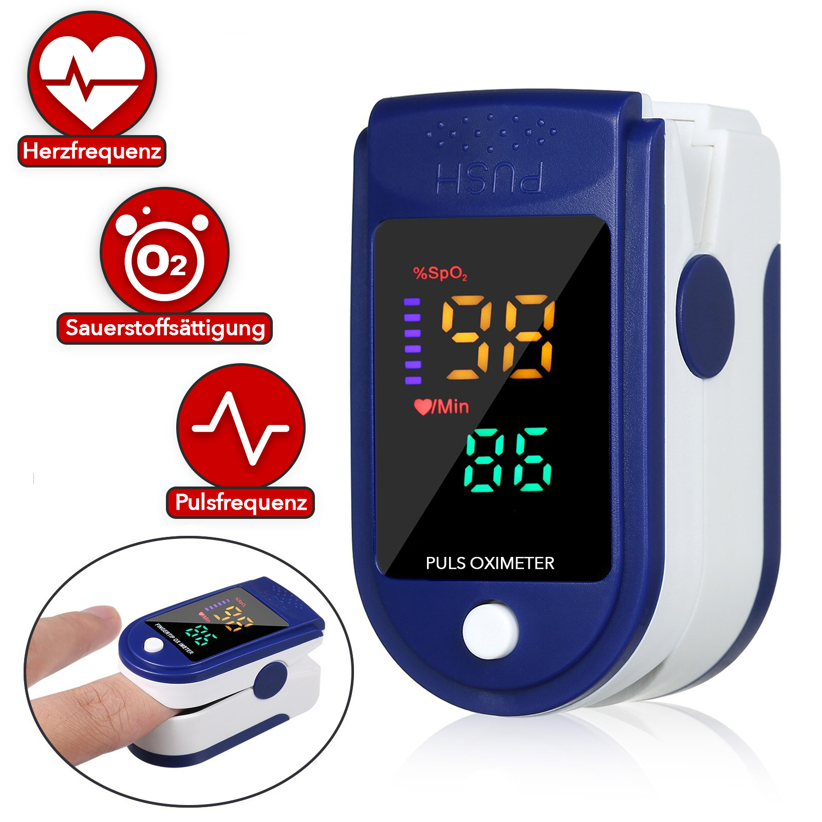 Ein Finger in einem Pulsoximeter, mit angezeigten Messwerten für SpO2 und Pulsfrequenz.