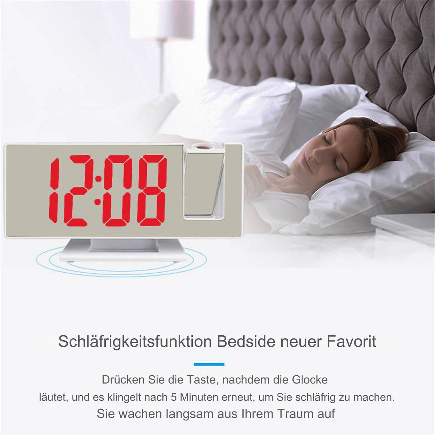 Digitaluhr mit roten Ziffern und eine schlafende Person im Bett.