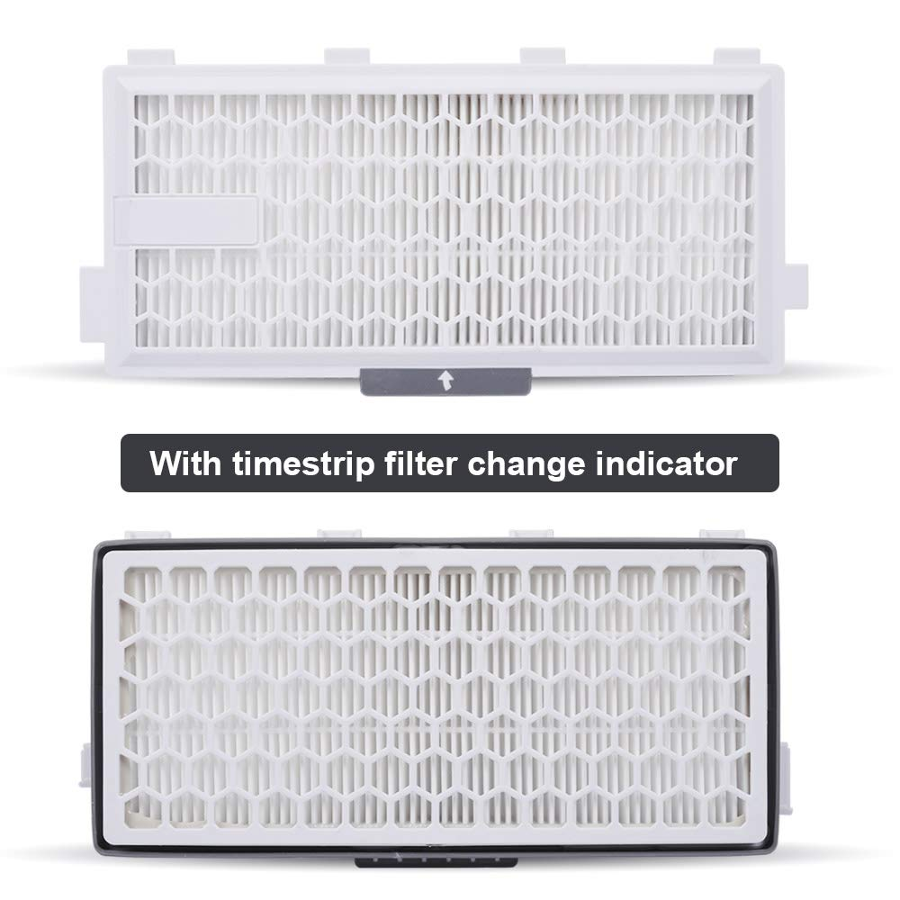 Zwei weiße Staubsaugerfilter. Der obere Filter ist einfach, der untere hat eine Filterwechselanzeige.