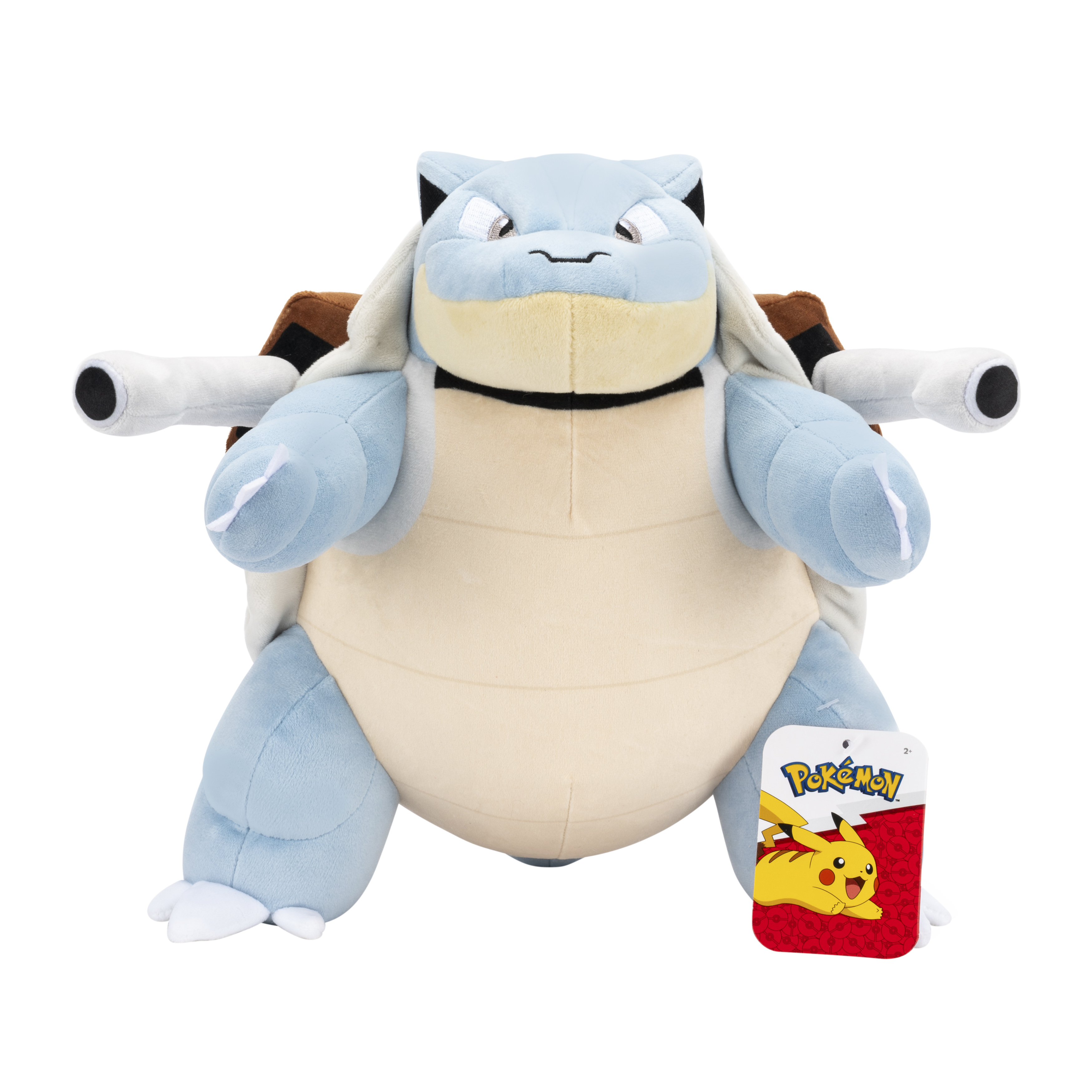 Peluche Blastoise avec une étiquette. Fond blanc.