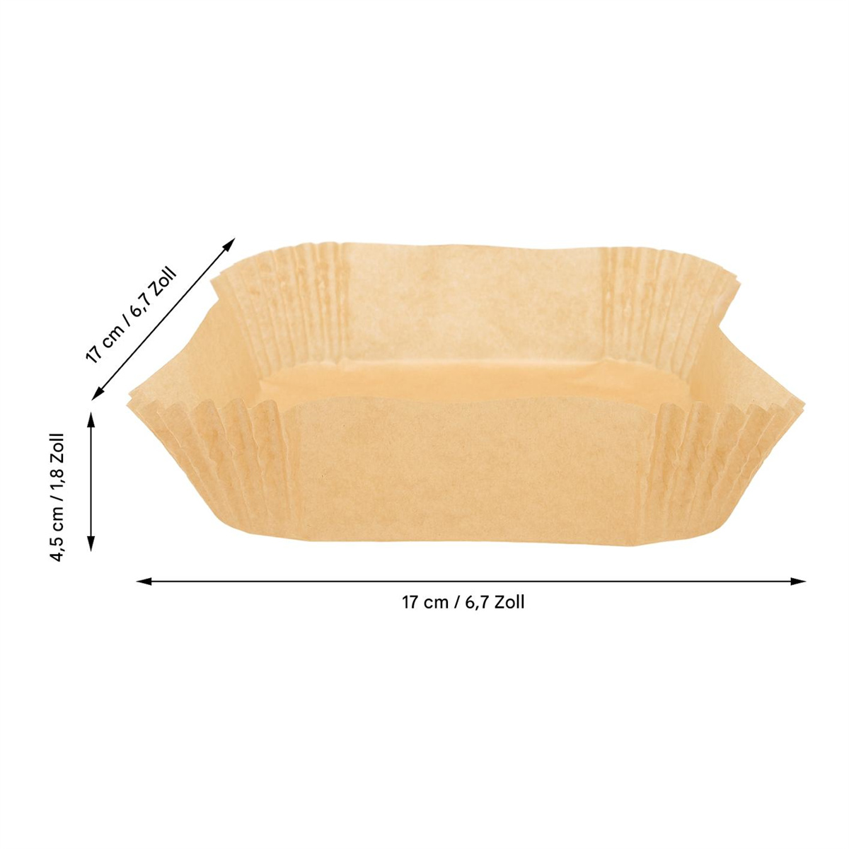 Braune Papierbackform mit Abmessungen in cm und Zoll beschriftet.