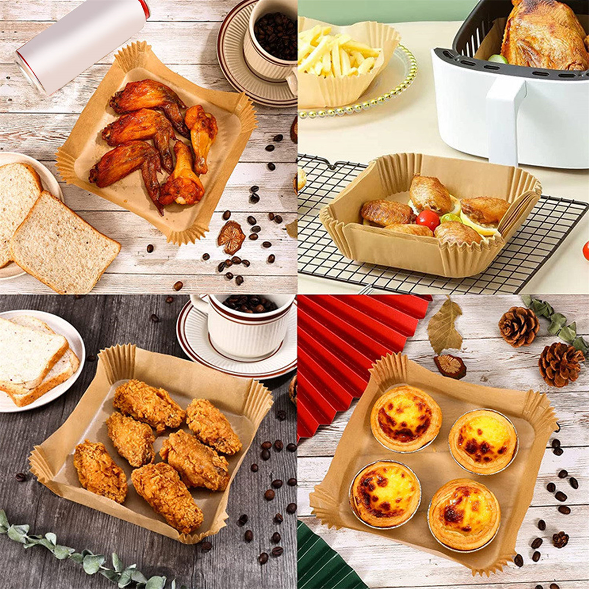 Collage von Essen in Papierschalen: Wings, Pommes, Hähnchen und Törtchen. Auf einer Holzoberfläche.