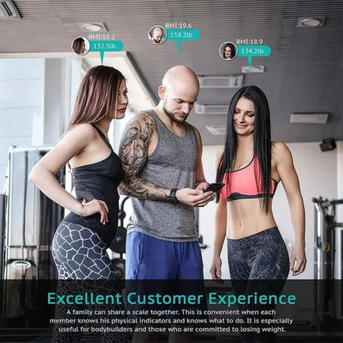 Drei Personen in einem Fitnessstudio, die auf ein Telefon schauen, mit BMI-Werten über ihren Köpfen.