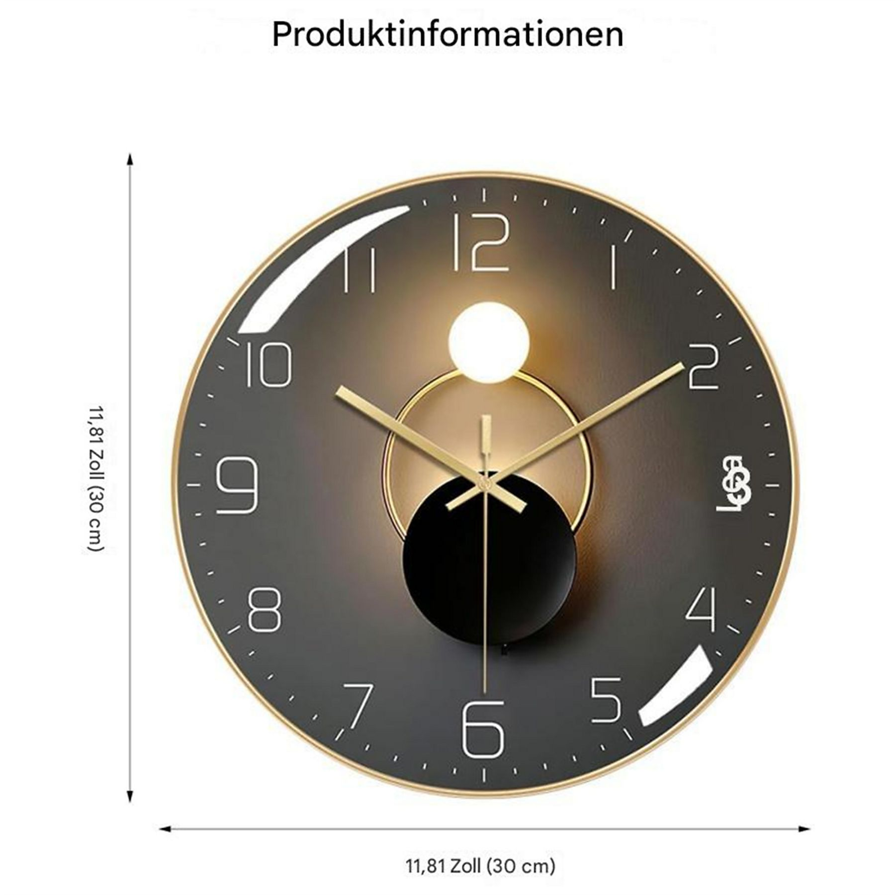 Eine runde Uhr mit dunkelgrauem Zifferblatt und goldenen Akzenten.