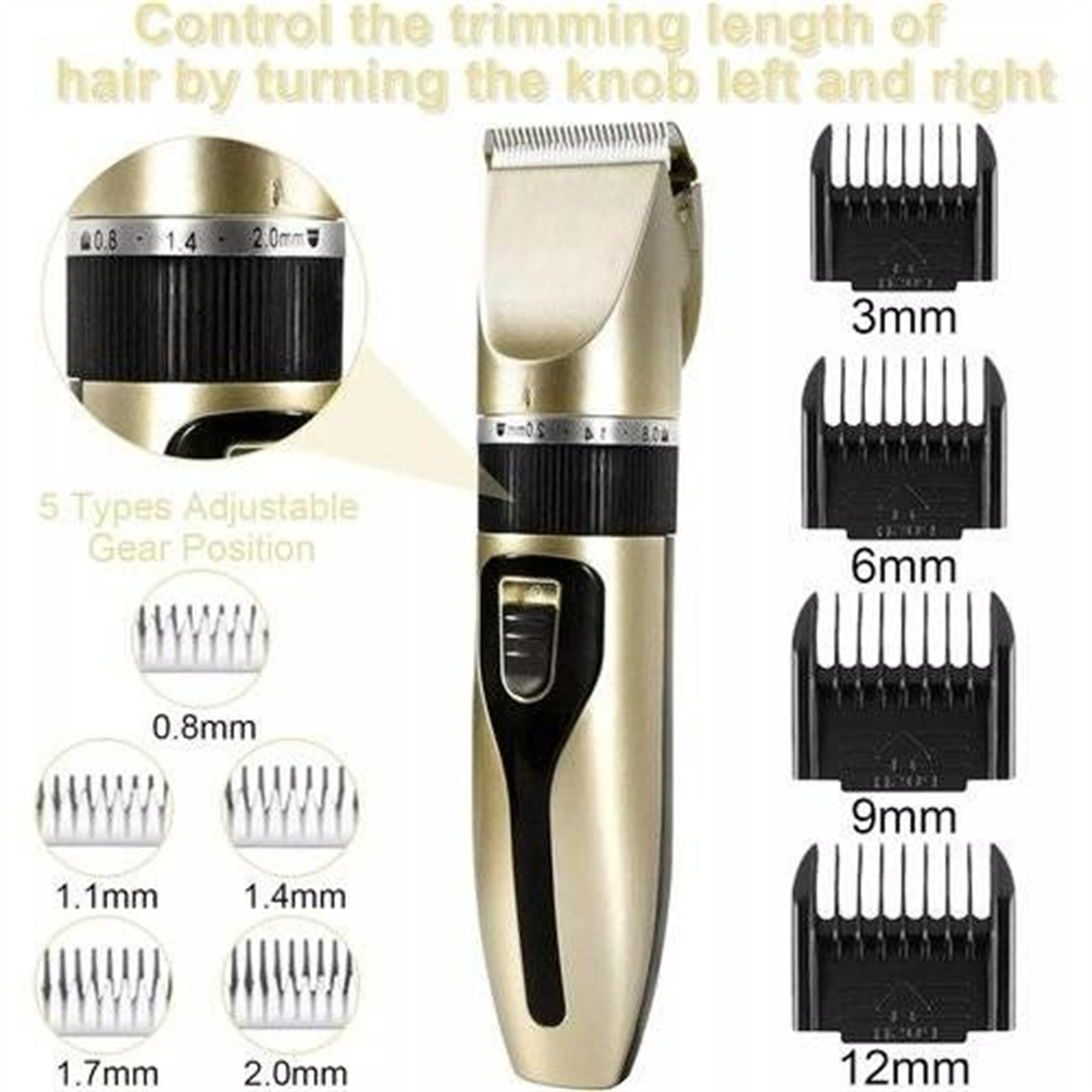 Goldener und schwarzer Haarschneider mit einstellbaren Längeneinstellungen und verschiedenen Kammaufsätzen.