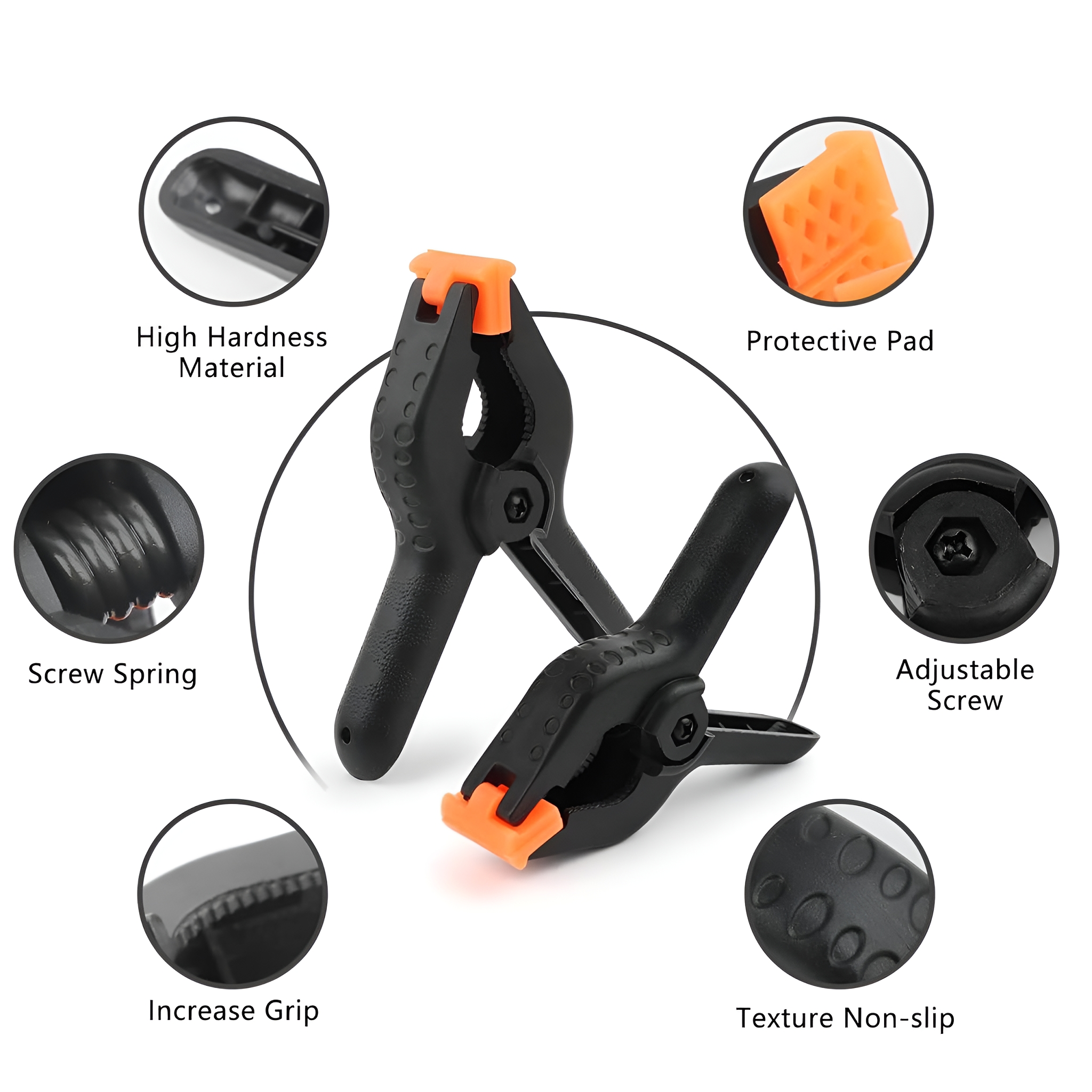 Zwei schwarze Klemmen mit orangen Pads. Eine ist offen, die andere geschlossen.