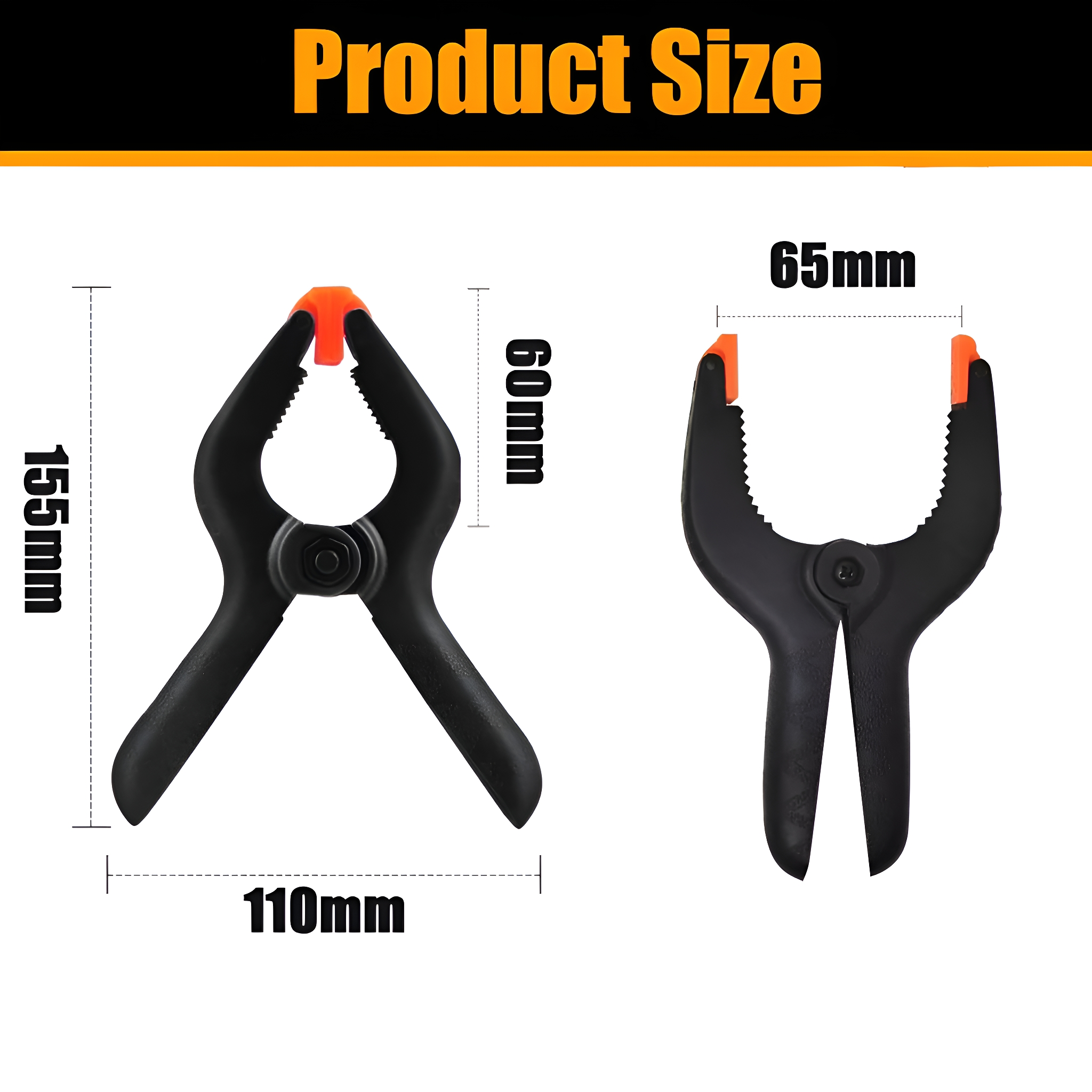 Zwei schwarze Klemmen mit orangen Spitzen, mit Produktdetails zur Größe. Eine Klemme ist offen, eine geschlossen.
