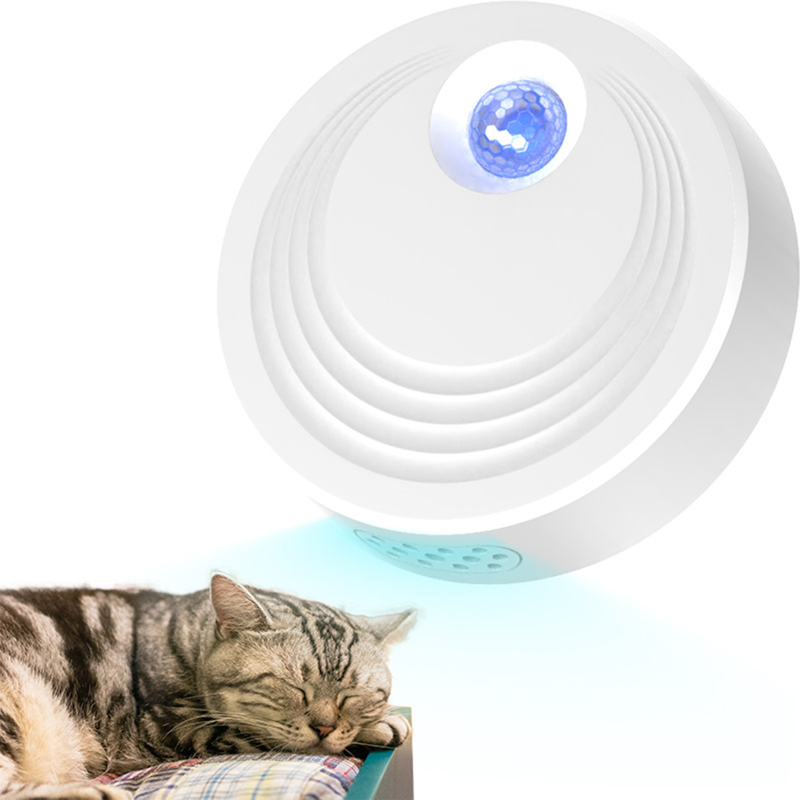 Weißes Katzenspielzeug mit blauem Licht über schlafender Katze.