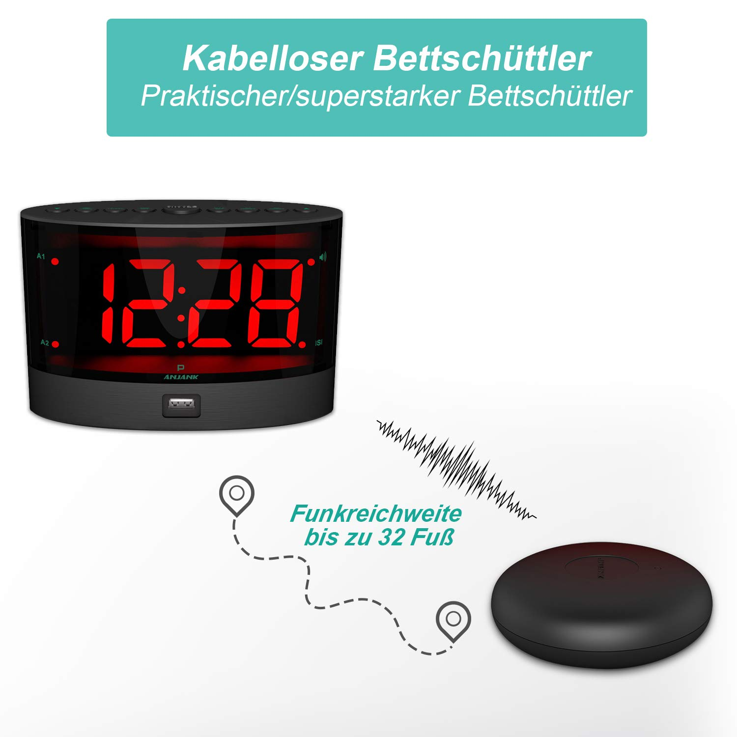Schwarzer digitaler Wecker mit Anzeige 12:28, mit kleinem schwarzen Empfänger. Text: 'Kabelloser Bettschüttler'.