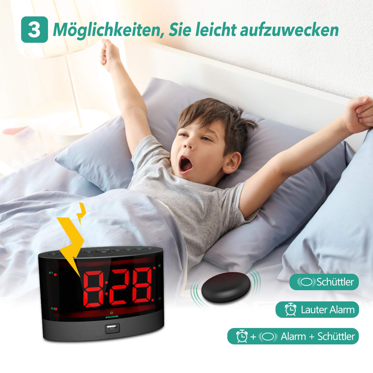 Ein Kind im Bett, das sich streckt, mit einem Wecker, der die Zeit anzeigt. Optionen für Alarmeinstellungen werden angezeigt.
