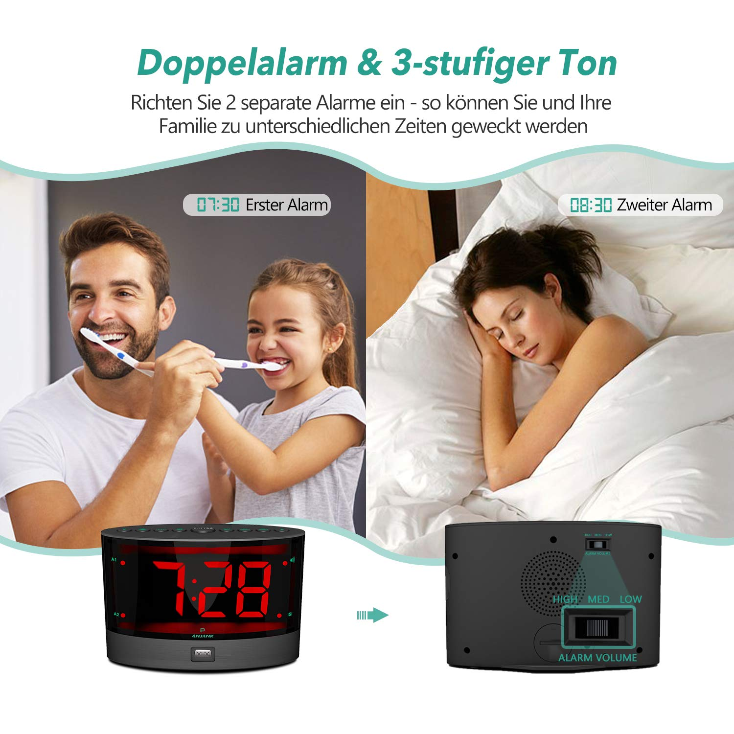 Ein Mann und ein Mädchen putzen Zähne, ein Wecker und eine Frau, die im Bett schläft.