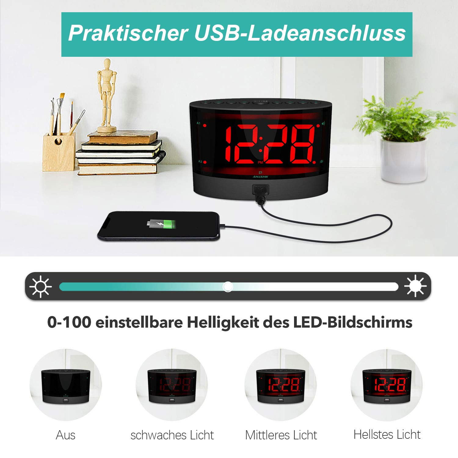 Schwarze Digitaluhr mit roten Ziffern, die 12:28 anzeigt. Text: 'Praktischer USB-Ladeanschluss'.