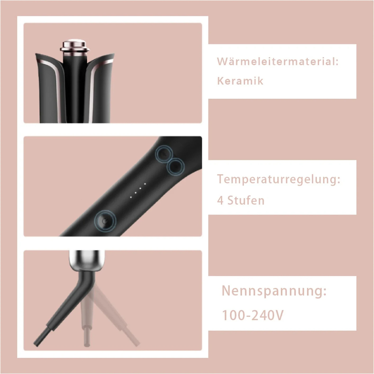 Nahaufnahme eines Haarstyling-Tools. Text: Keramik-Heizelement, 4 Heizstufen, 100-240V.