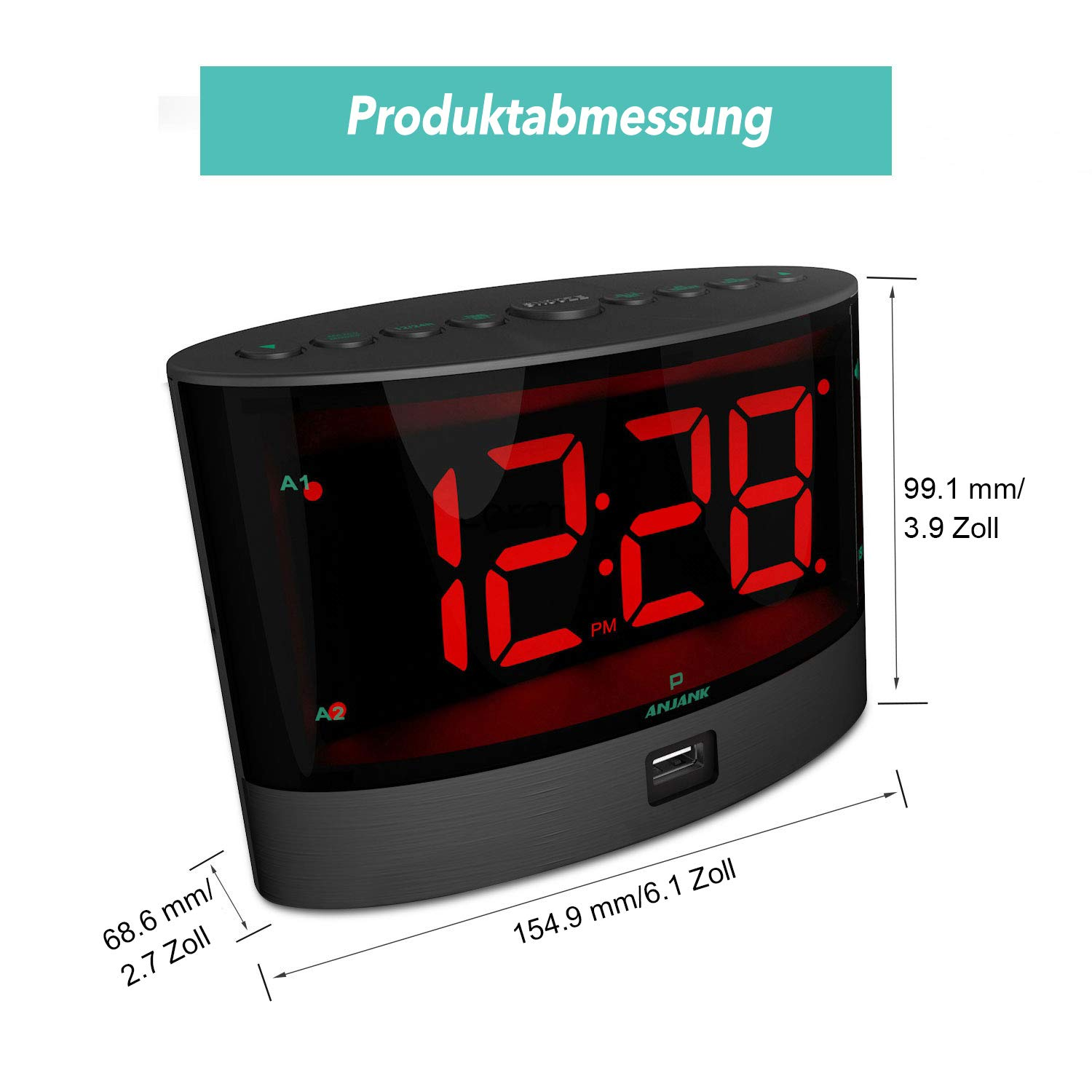Schwarzer digitaler Wecker mit roter Anzeige, zeigt Zeit und Abmessungen.