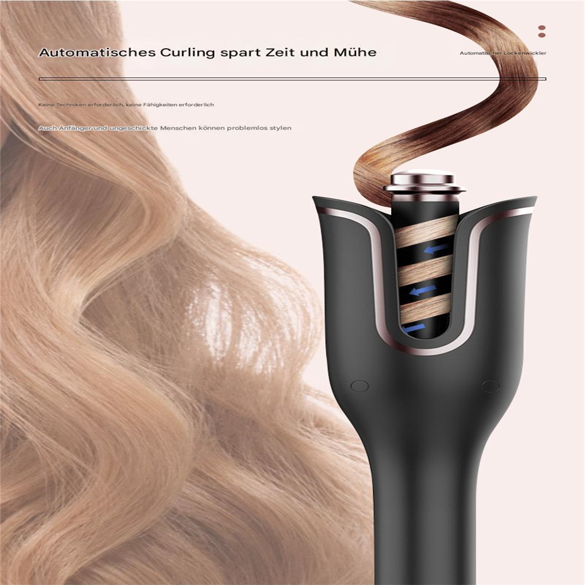 Ein Lockenstab lockt Haare. Der Text sagt, automatisches Locken spart Zeit und Mühe.