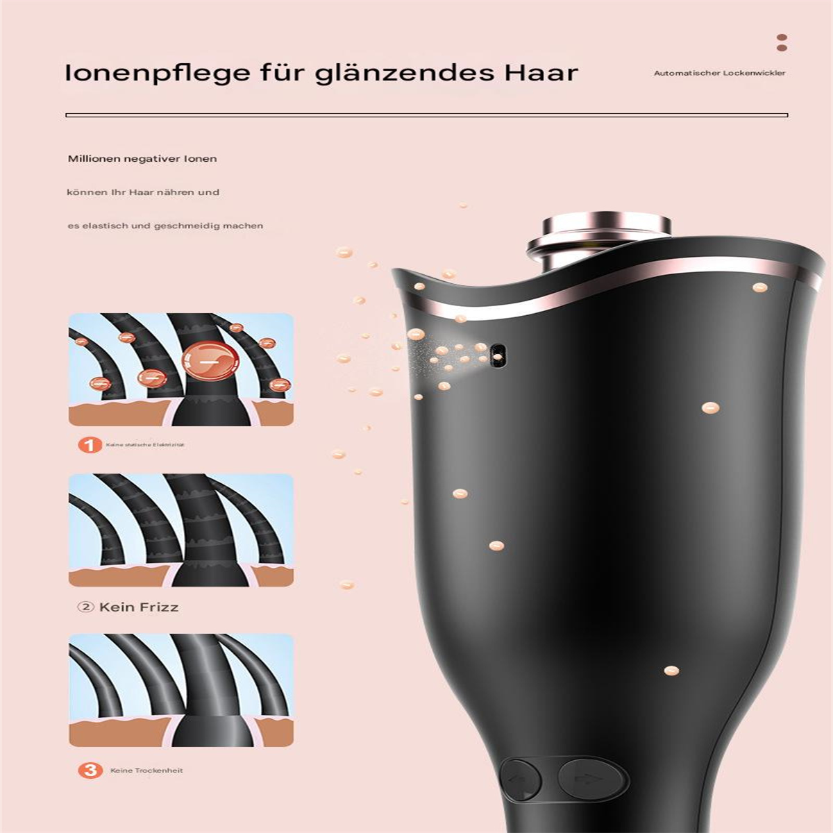 Haarstyling-Gerät mit Text und Diagrammen, die die Vorteile der Haarpflege veranschaulichen.