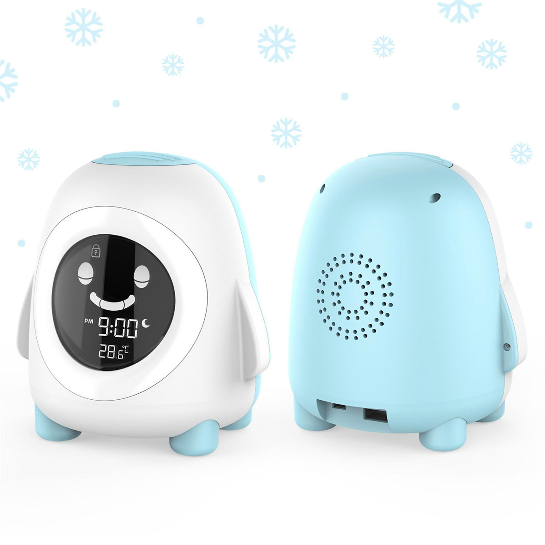Zwei pinguinförmige Uhren, eine weiße und eine blaue, mit Digitalanzeige.