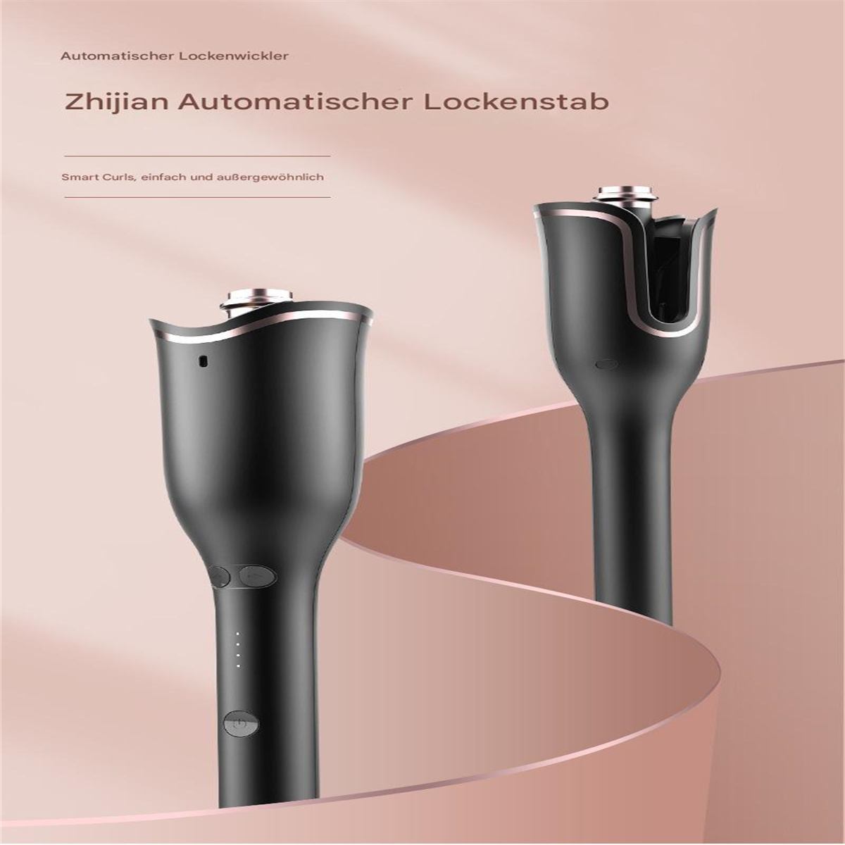 Zwei schwarze, automatische Lockenstäbe vor rosa Hintergrund.