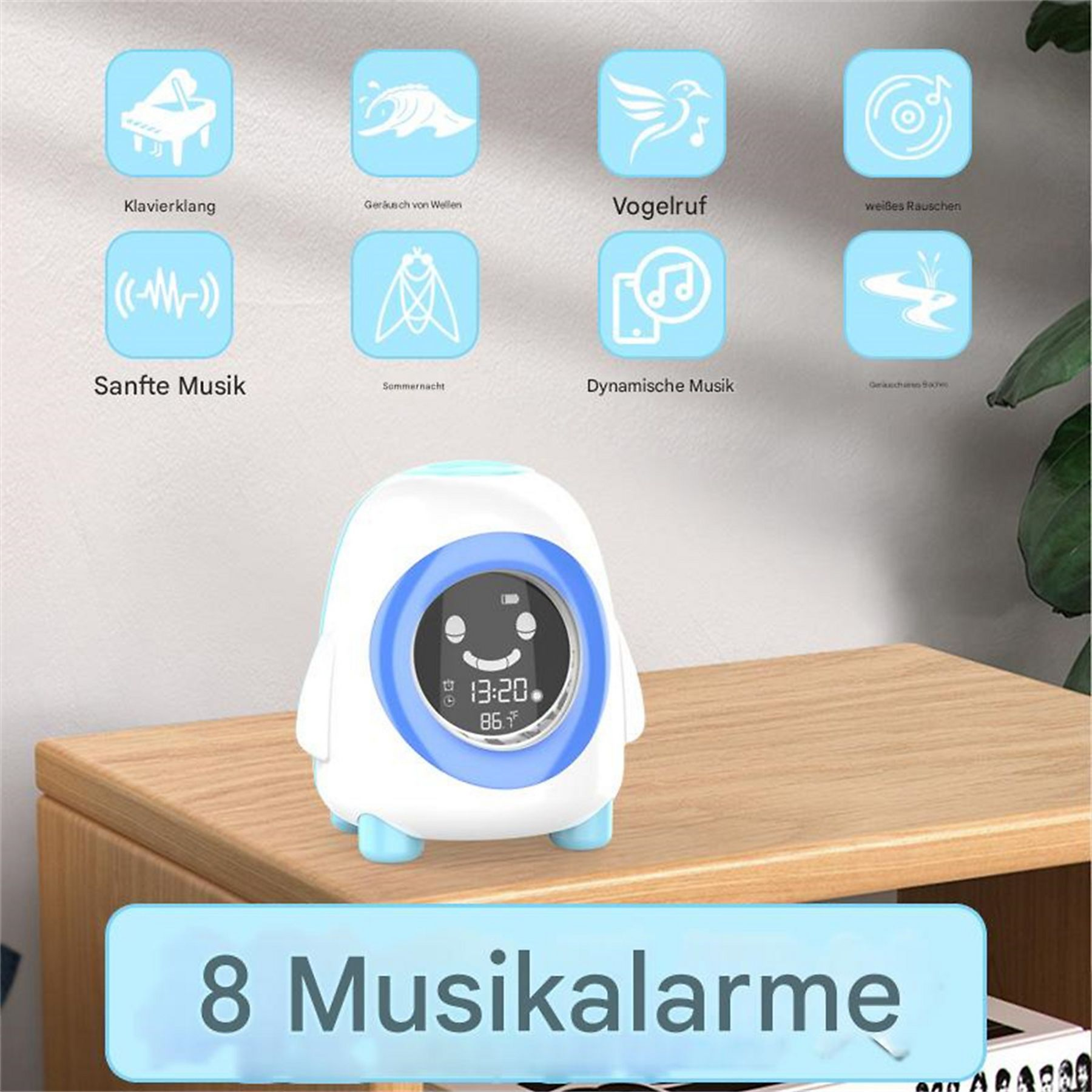Ein pinguinförmiger Wecker mit digitaler Anzeige und Symbolen auf einer Holzoberfläche.