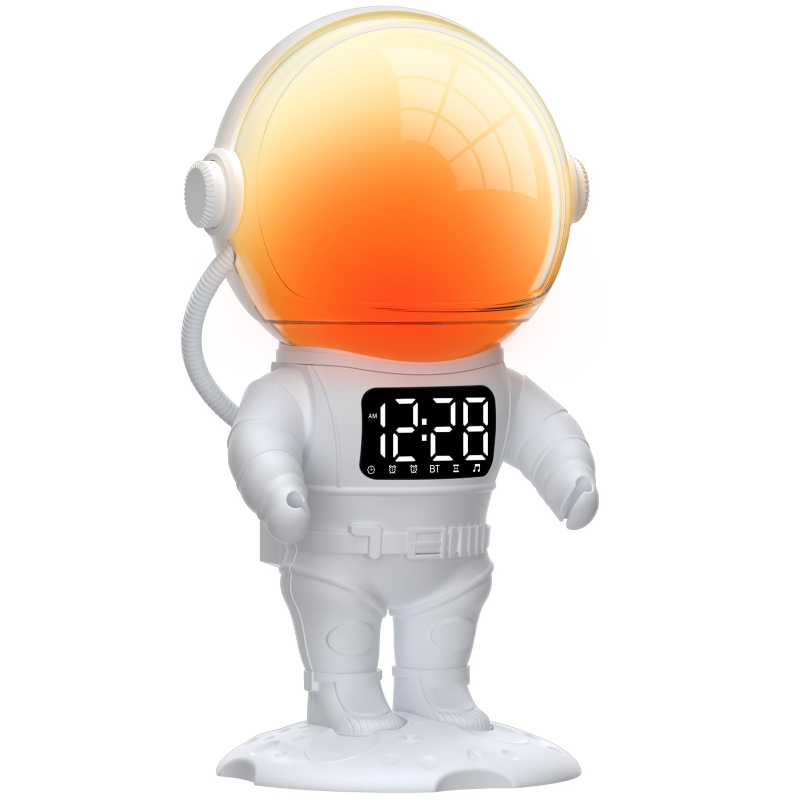 Astronautenförmiger Wecker mit Digitalanzeige. Der Helm ist orange-gelb.