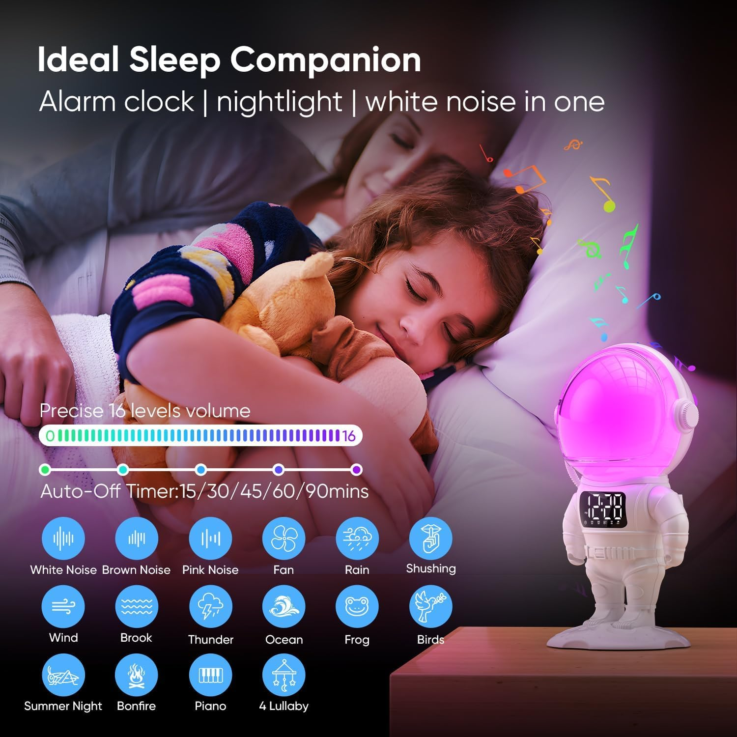 Weißes Nachtlicht in Form eines Raumfahrers. Ein schlafendes Mädchen liegt im Bett. Funktionen: Alarm, Sounds, Timer.