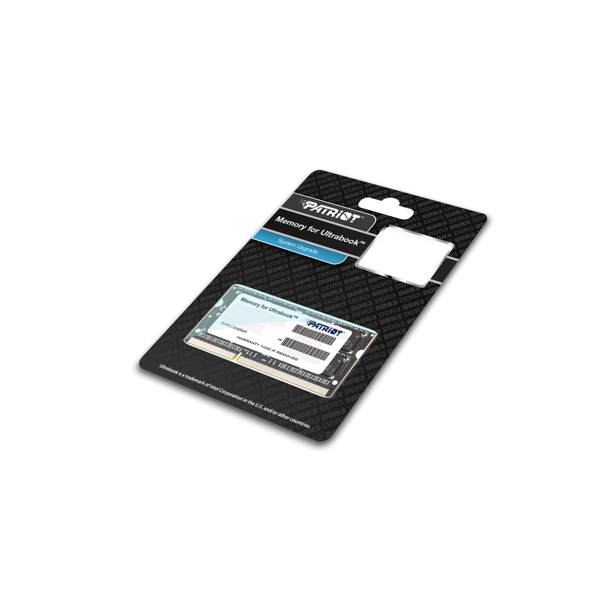 Memoria para ultrabook. Empaquetada en blíster. La tarjeta tiene una pegatina Patriot.
