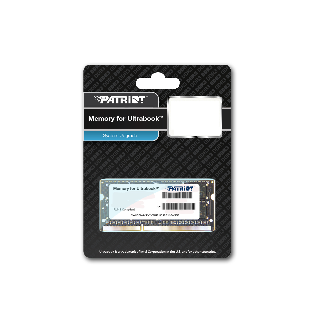 Tarjeta de memoria Patriot para Ultrabook, en blíster. La tarjeta es negra y verde.