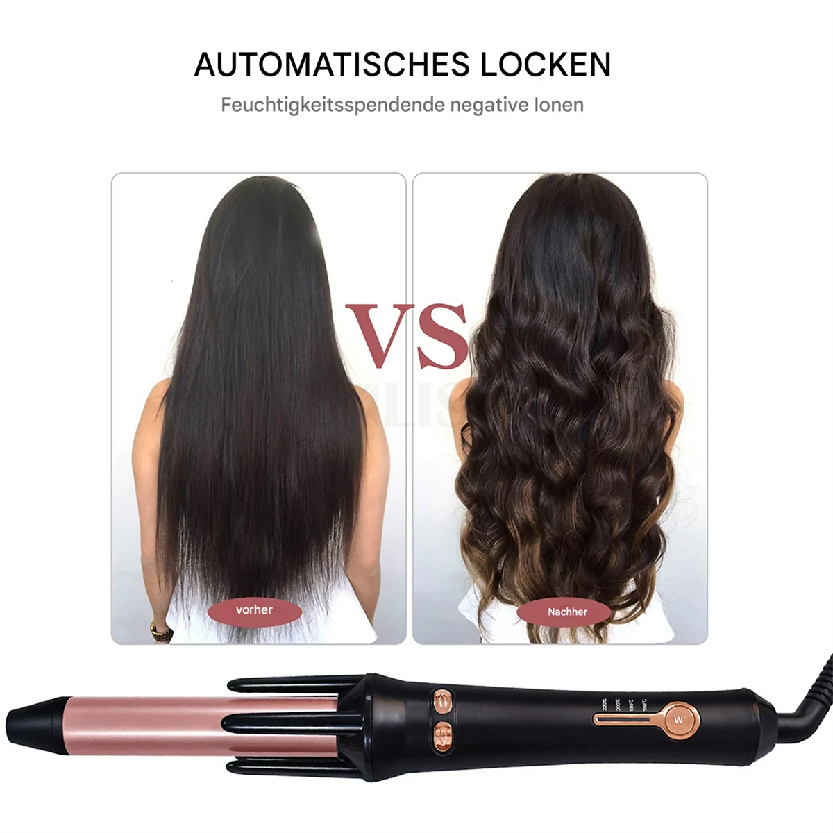 Haarstyling-Vergleich: glattes Haar vs. welliges Haar mit Lockenstab im Vordergrund.