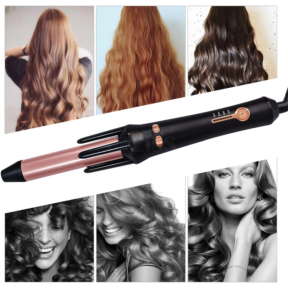 Haar-Lockenstab mit mehreren Bildern von Frauen mit gelockten Frisuren.
