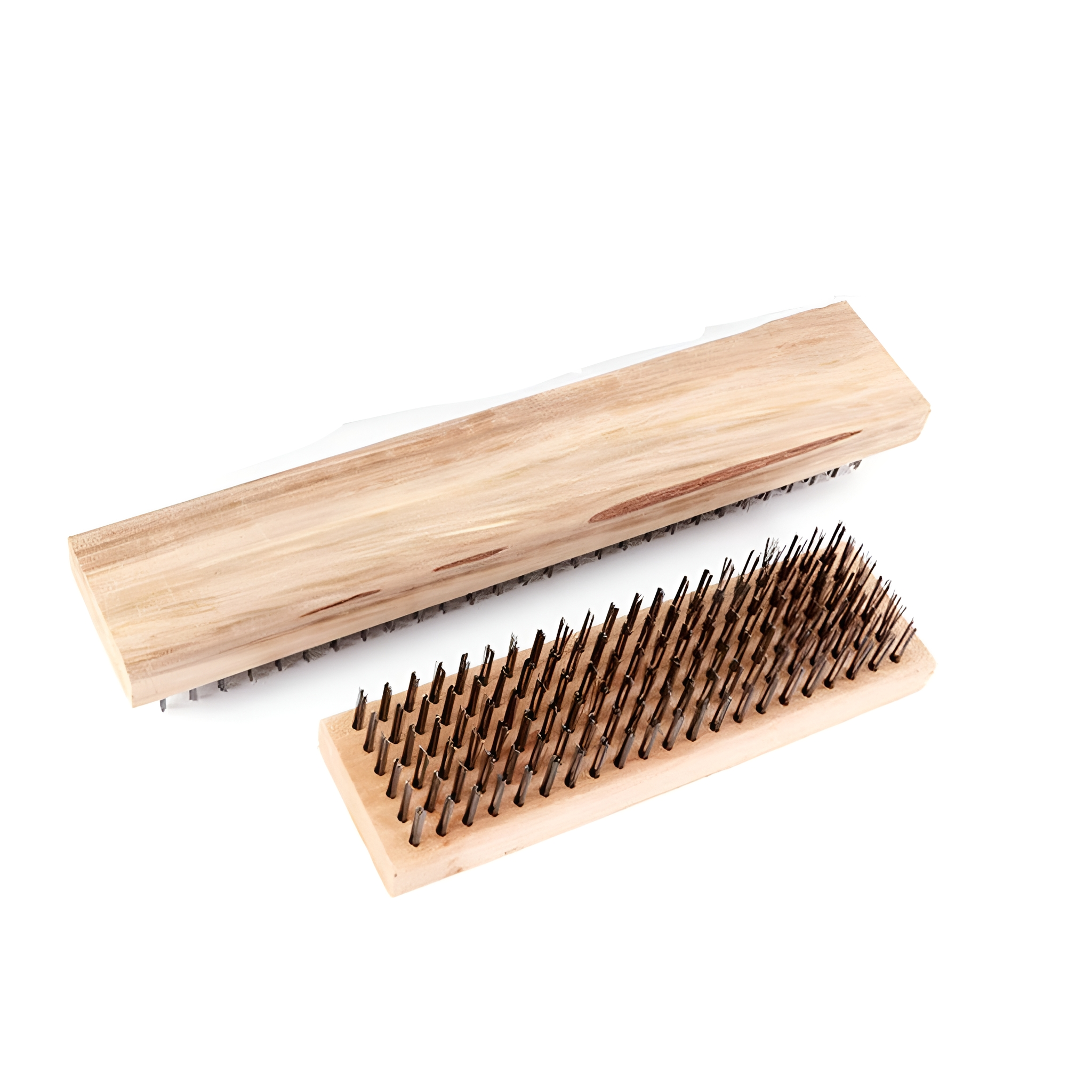 Zwei Holz-Grillbürsten. Eine ist eine flache Bürste und die andere ein separater Bürstenkopf.