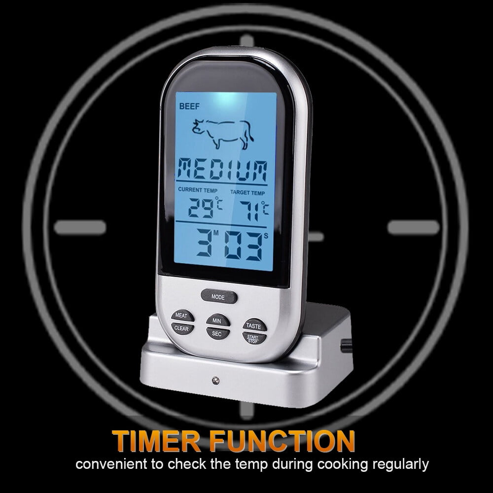 Ein digitales Lebensmittelthermometer mit Zieltemperatur und Timerfunktion.