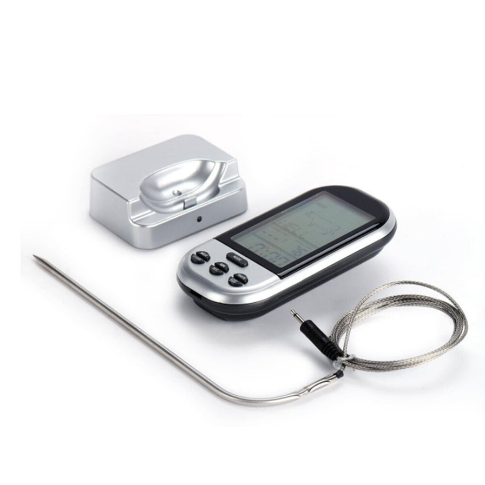 Digitales Thermometer und Basis. Silber und schwarz. Lange Sonde. Isoliert auf weißem Hintergrund.