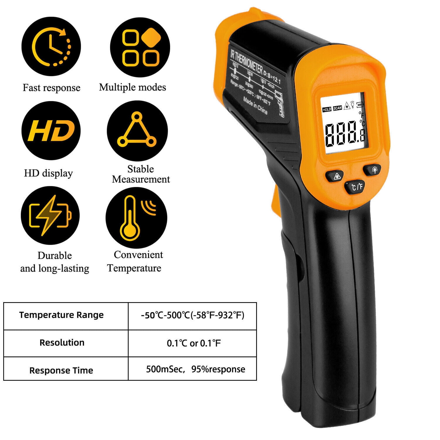 Orange-schwarzes Infrarot-Thermometer mit Digitalanzeige und verschiedenen Funktionssymbolen.