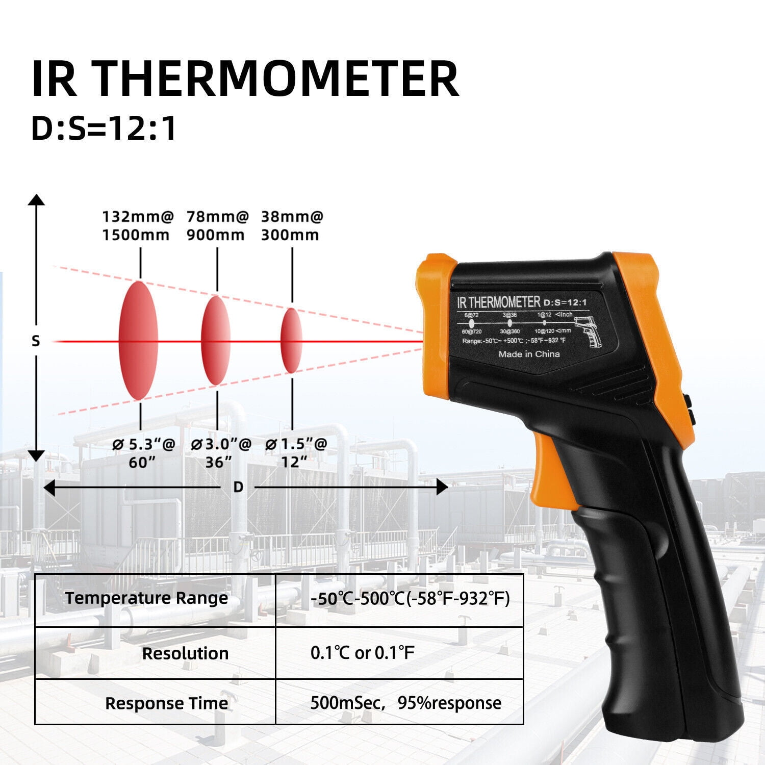 Orange-schwarzes IR-Thermometer mit Messdetails und Temperaturbereich.